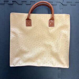 Arcane Paris Beige Ostrich-Embossed Leather Tote Bag 14" X 14" With Brown Handle